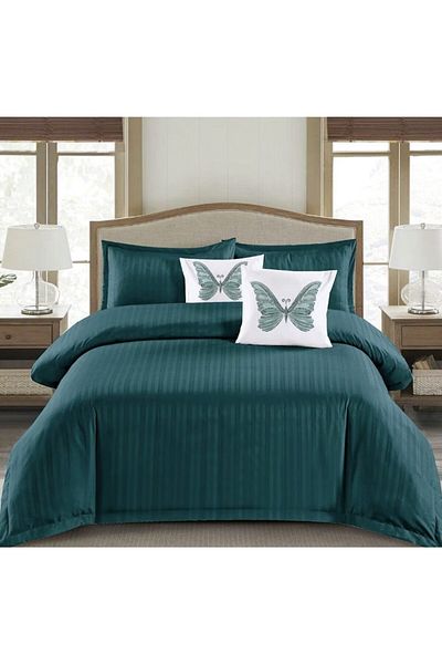 OEM Double bed linen set, 6 pieces, plain damask finery, emerald green, DFC-008, 1 cm stripes, 230x250 cm