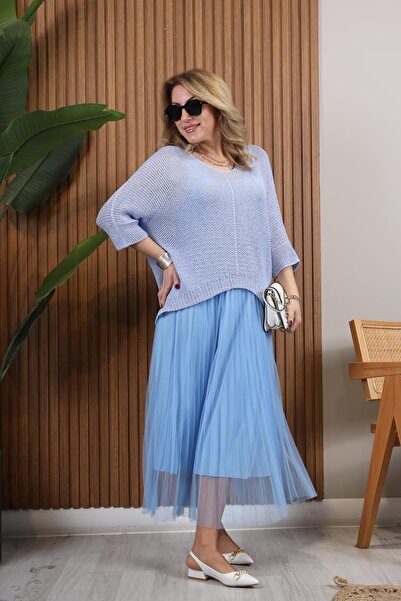 MİSLİNA BUTİK İthal Mersize Bluz Detay Mavi Tül Elbise