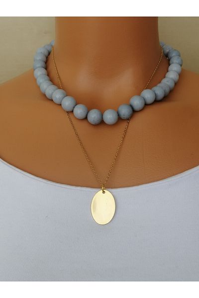 LemaStone Natural Stone Necklace; Ceyt Stone Pendant and Gold Color Steel Necklace