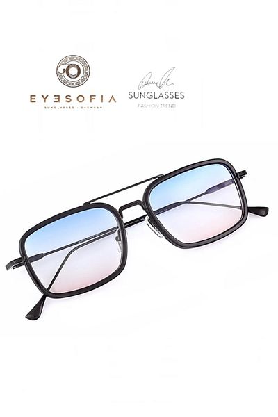 Eyesofia Burby Rectangular Unisex Titanium Matte Blue Sunglasses