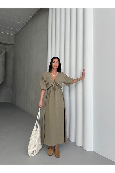 BEJNA Khakifarbenes Damen-Sommerkleid aus Musselin mit V-Ausschnitt und Schnürung