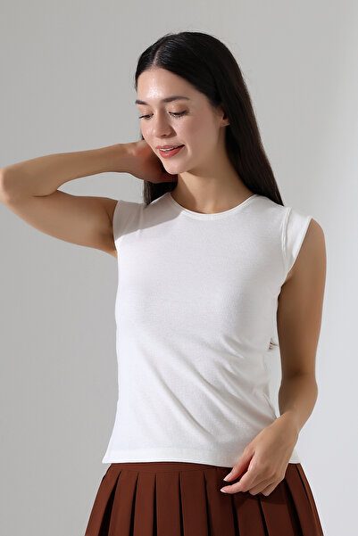 Şiir Shine Femei Ecru Decolteu Oară Braț Flexibil Basic Slim din bumbac pieptănat Bluză, tricou și tricou