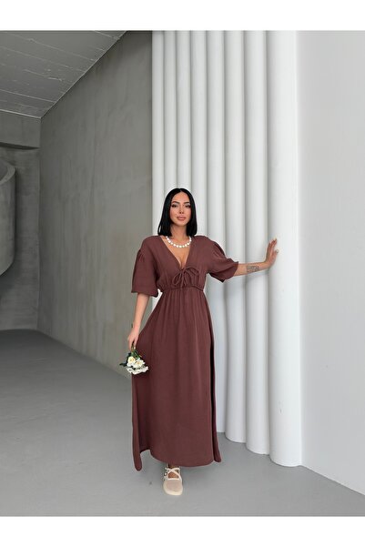 BEJNA Women's Brown V-Neck Muslin Summer Dress with Lacing Detail