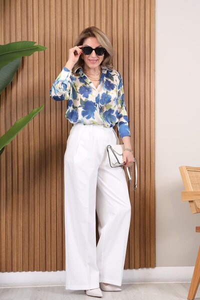 MİSLİNA BUTİK Düğme Detay Ekru Pileli Palazzo Pantolon