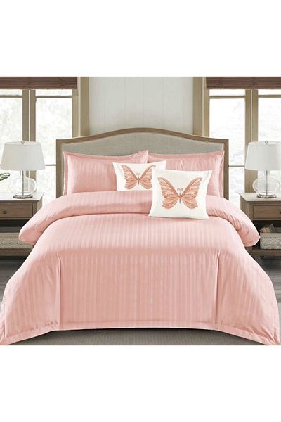 OEM Double bed linen set, 6 pieces, plain damask, salmon, DFC-001, 1 cm stripes, 230x250 cm