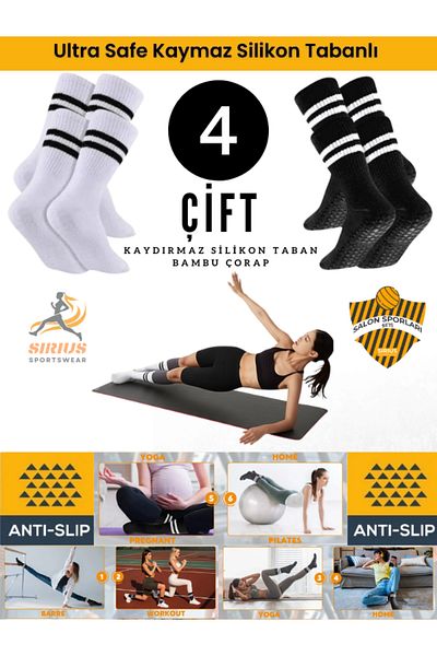 Bellanora 4 perechi de șosete sport negru și alb pentru femei, Pilates, yoga, activitate, cu talpă din cauciuc anti-alunecare din bambus
