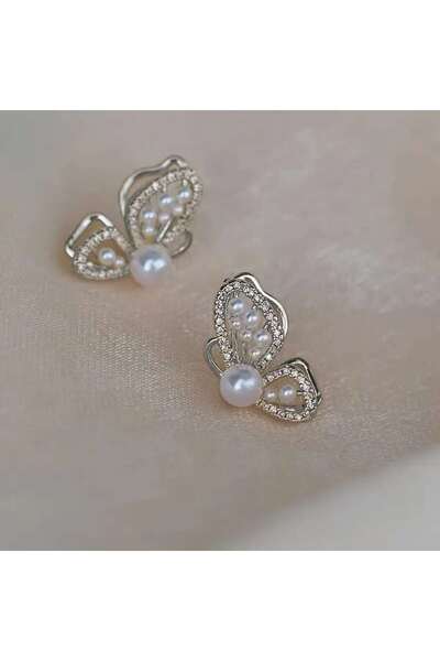 HOBİSY GIFT SHOP Zarif Kelebek Figürlü İnci Küpe | Şık ve Modern Antialerjik Çelik Gümüş Kaplama