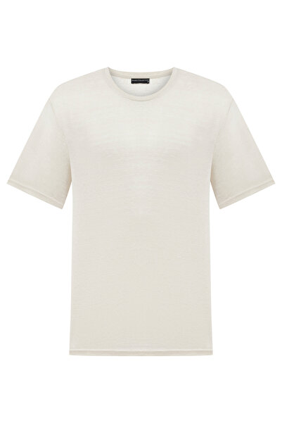 Mudo Erkek Bej Rengi Bisiklet Yaka Keten T-Shirt