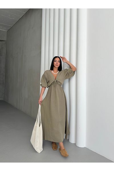 BEJNA Khakifarbenes Damen-Sommerkleid aus Musselin mit V-Ausschnitt und Schnürung