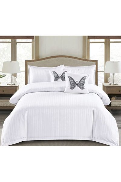 OEM Double bed linen set, 6 pieces, plain damask finet, white, DFC-012, 230x250 cm, 1 cm stripes