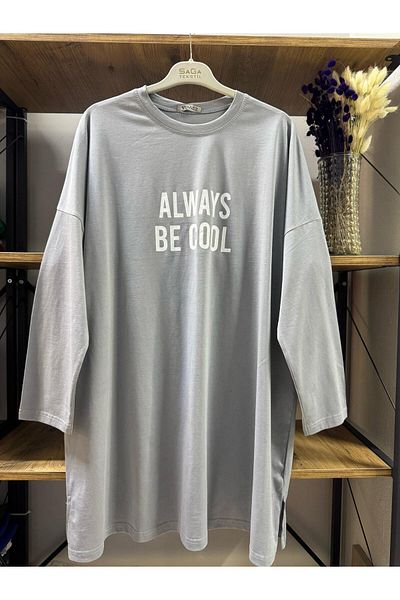 ÖZNE BUTİK Plus Size Women's 100% Organic Cotton Oversize Round Neck Printed Tunic