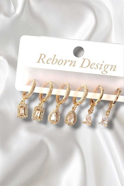 REBORN DESIGN Brass Gold Color Dangle Zircon Stone Drop Model Women's Earring Set
