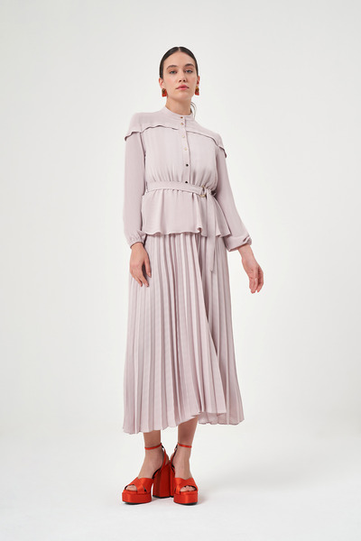 Mimya Bej Piliseli Uzun Elbise 2701