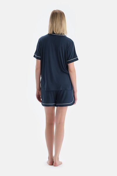 Dagi Indigo Piping Detailed Short Sleeve Shirt Shorts Pajama Set