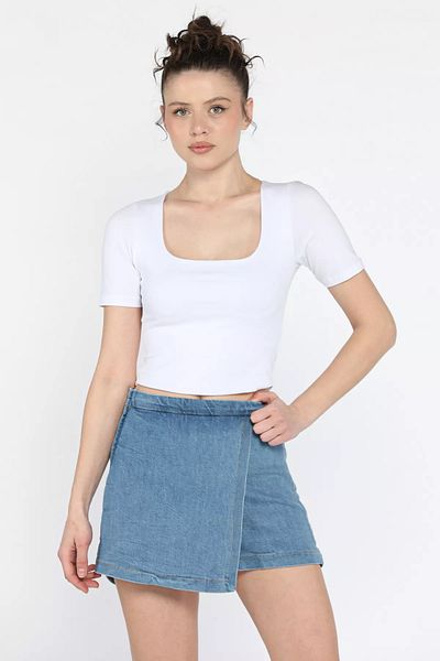 GÜLSELİ Fusta albastră pentru femei, cu fermoar, cu talie elastică, din denim