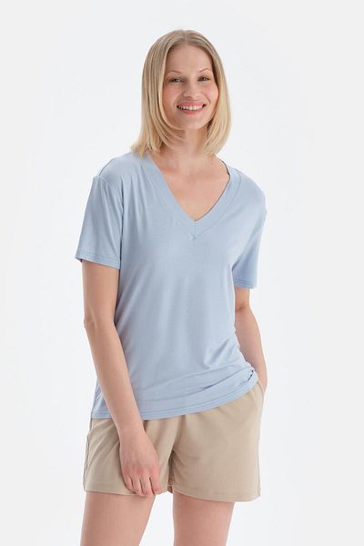Dagi Tricou modal cu mânecă scurtă cu decolteu în V albastru gheață
