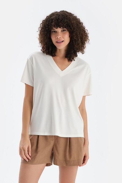 Dagi Ecru V-Neck Short Sleeve T-Shirt