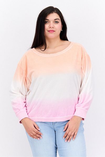 Black Tape Women Plus Size Round Neck Tie Dye Sweatshirt, Peach