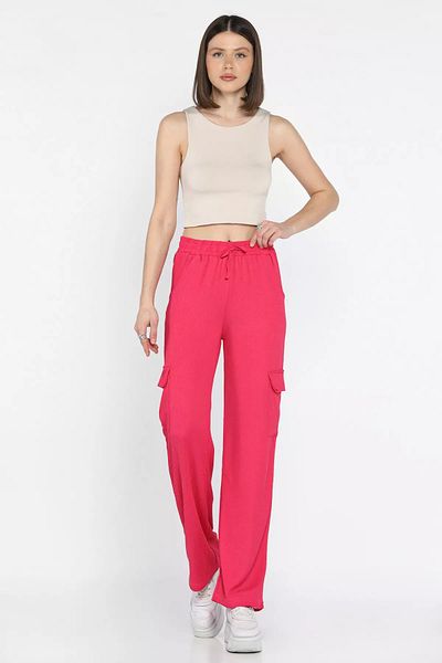 GÜLSELİ Fuchsia Women's Elastic Waist Wide Leg Cargo Pocket Trousers