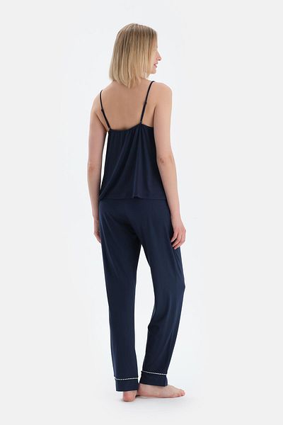 Dagi Navy Blue Piping Detailed Athlete Pants Pajama Set