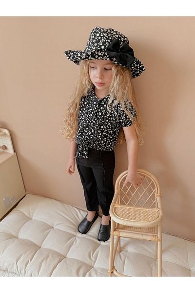 patriko tekstil Girl's Set of 3 Hats & Pants & Bluz Black Color Crispy Flower Pattern Bottom Top Set