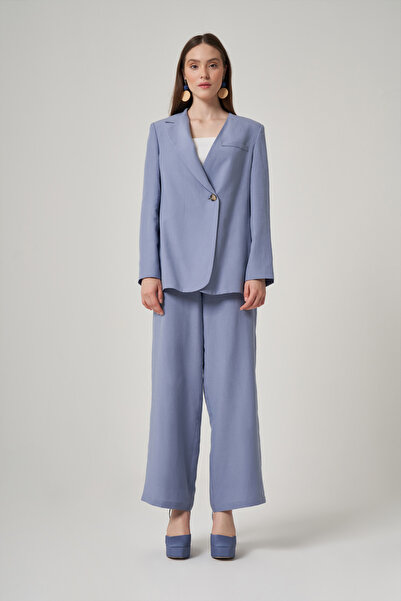 Mimya Mavi Asimetrik Yakalı Keten Ceket 6716