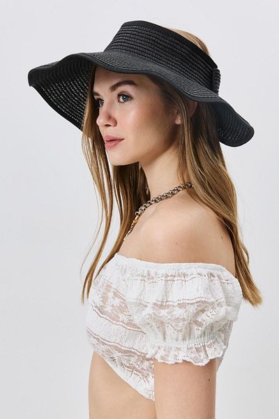 C&City Y8207 Black Bow Detailed Visor Straw Hat