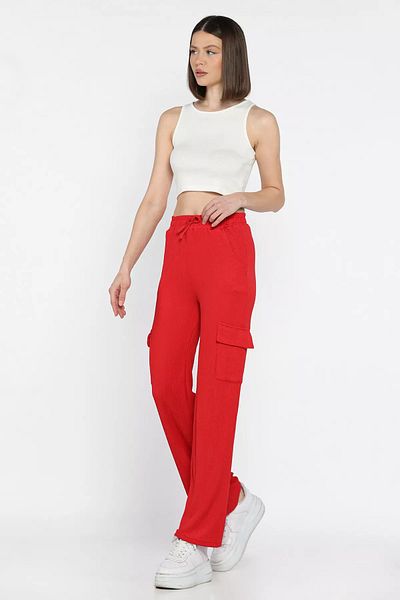 GÜLSELİ Red Women's Elastic Waist Wide Leg Cargo Pocket Trousers