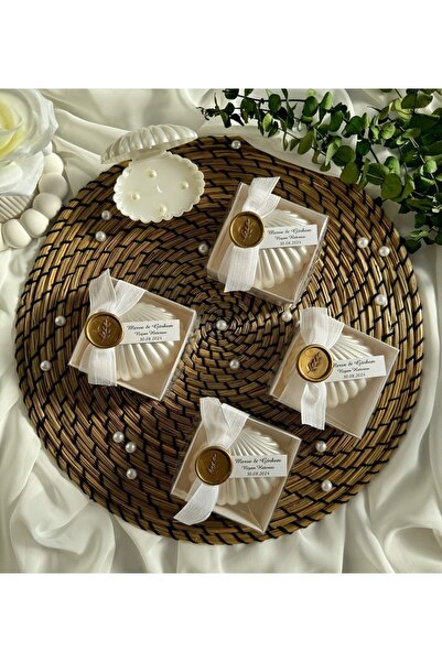 Gami Handmade Mühür Detaylı Kutulu İncili İstiridye Mum Söz, Nişan, Nikah, Do...