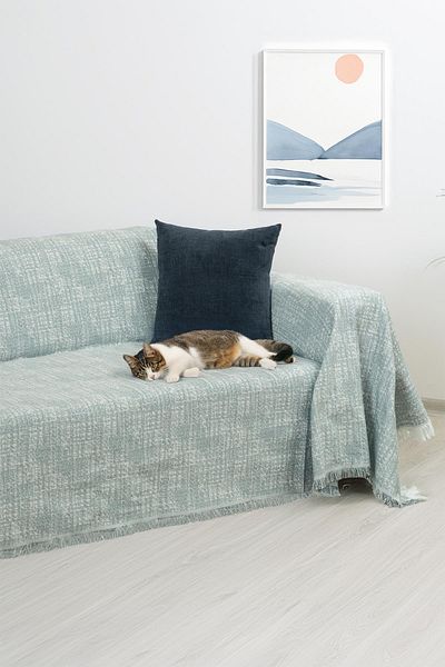 Latuda Home Син калъф за диван PureCot Premium Cot с пискюли 180x220, двустранен, не се изпотява и не се хлъзга