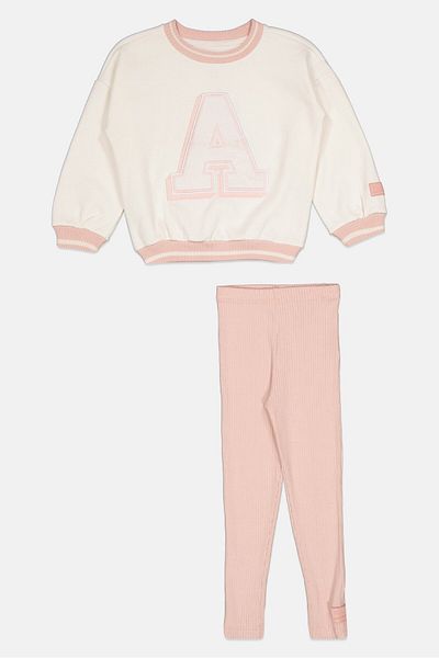 Fudo Kids Girl 2 Pcs Long Sleeve Sweatshirt And Leggings Set, Off White/pink