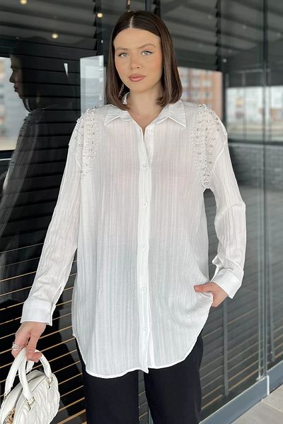 GÜLSELİ Γυναικείο πουκάμισο White Shoulder Pearl