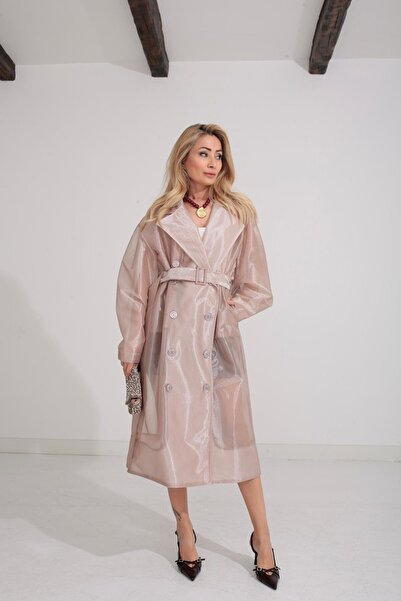 QİMYA BUTİK Cream & Rouge Kadın Oversize Kalıp Kuşaklı Organze TRENÇKOT