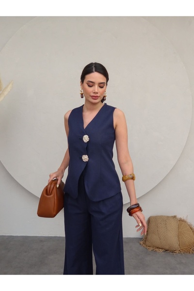 ESRAHELVACI Gold Buttoned Linen Trousers Set