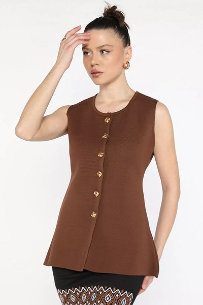 GÜLSELİ Brown Women's Crew Neck Buttoned Knitwear Vest (S-M-L Size Available)