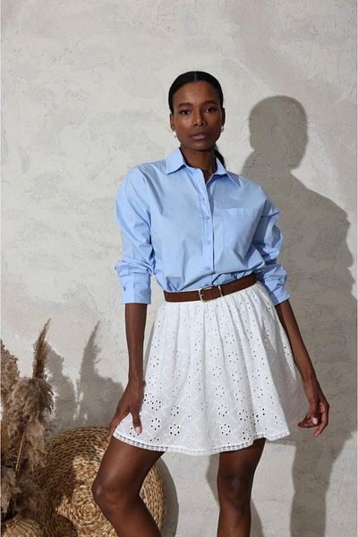 QİMYA BUTİK Cream & Rouge Women's Scalloped Shorts with Elastic Waist Back Skirt