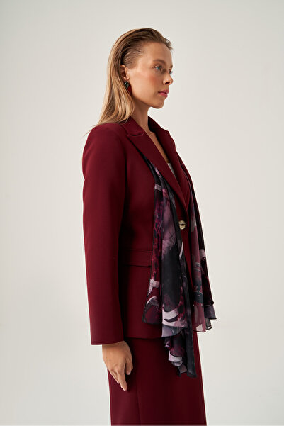 Mimya Bordo Krep Vatkalı Fularlı Blazer Ceket 6824