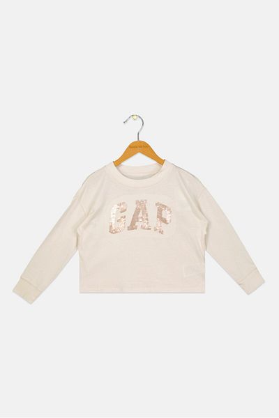 GAP Kids Girl Crew Neck Long Sleeve Sequins Sweatshirt, Beige