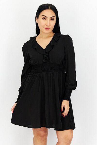 NA-KD Women Ruffle Neck Long Sleeves Textured Mini Dress, Black