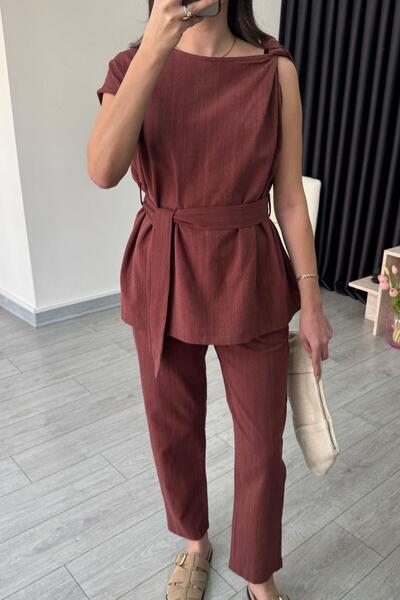 ECEMİ Tile Shoulder Twisted Linen Blouse Trousers Set
