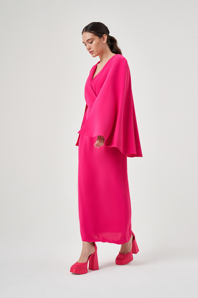 Mimya Fuşya Pelerinli Krep Elbise 2758