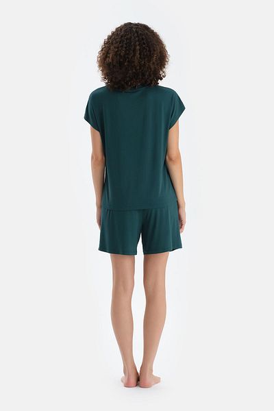Dagi Dark Green Off Shoulder Short Sleeve Viscose T-Shirt Shorts Pajama Set