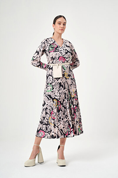 Mimya Siyah Çiçek Desenli Pilosey Elbise 2704