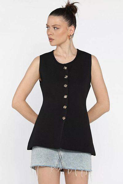 GÜLSELİ Black Women's Crew Neck Buttoned Knitwear Vest (S-M-L Size Available)