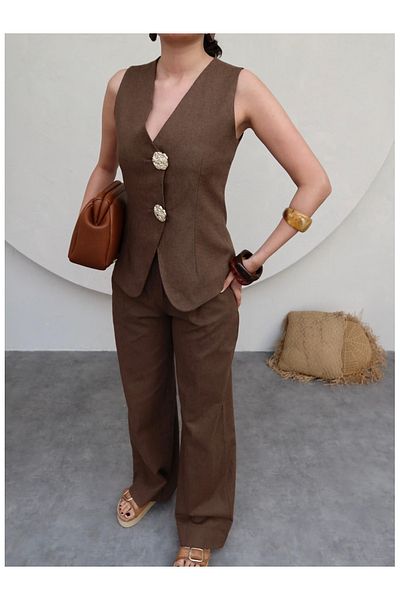 ESRAHELVACI Gold Buttoned Linen Trousers Set