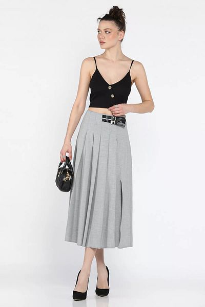 GÜLSELİ Gray Women's Waist Belt Buckle Pleated Slit Detailed Skirt