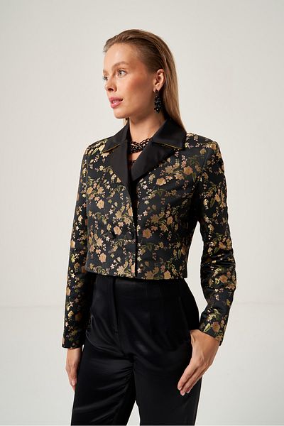 Mimya Black Floral Patterned Satin Jacket 6810