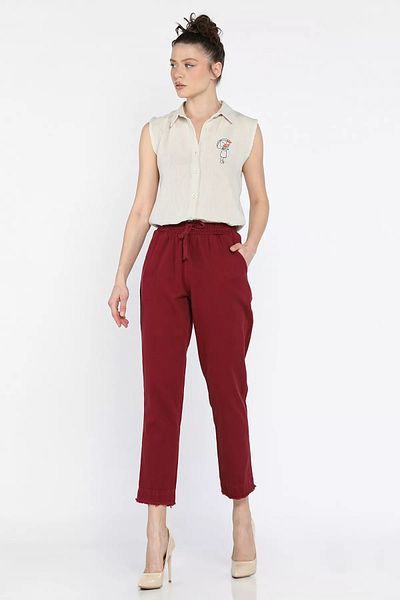 GÜLSELİ Burgundy Women's High Waist Leg Tassel Detailed Gabardine Trousers