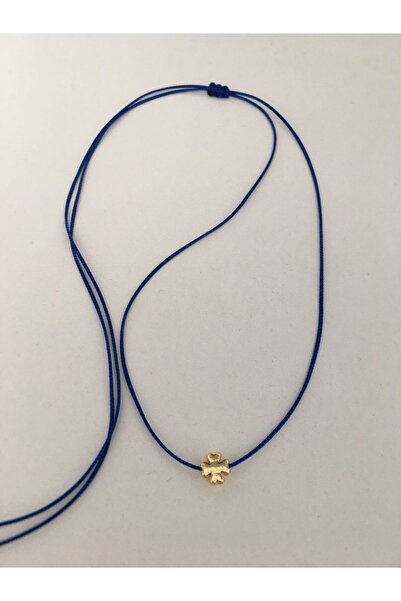 bygüneşaccessories Altın Kaplama Mini Dört Yapraklı Yonca Detaylı Floş Mavi Ipli Şans Kolye KOL001