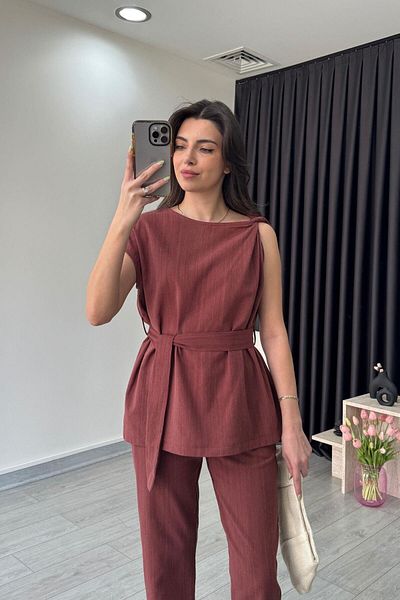 ECEMİ Tile Shoulder Twisted Linen Blouse Trousers Set
